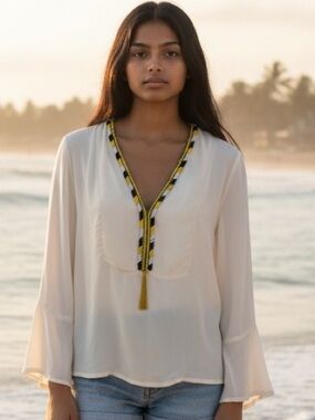 BOGO! Antik Batik Silk Chiffon Beaded Popover Blouse Cream Medium
